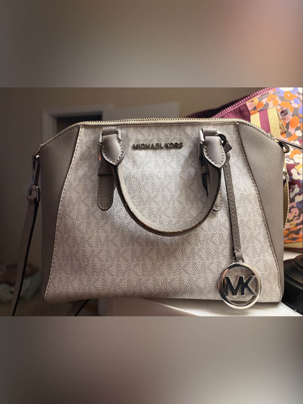 Michael Kors Silver Metallic Satchel with MK Charm
